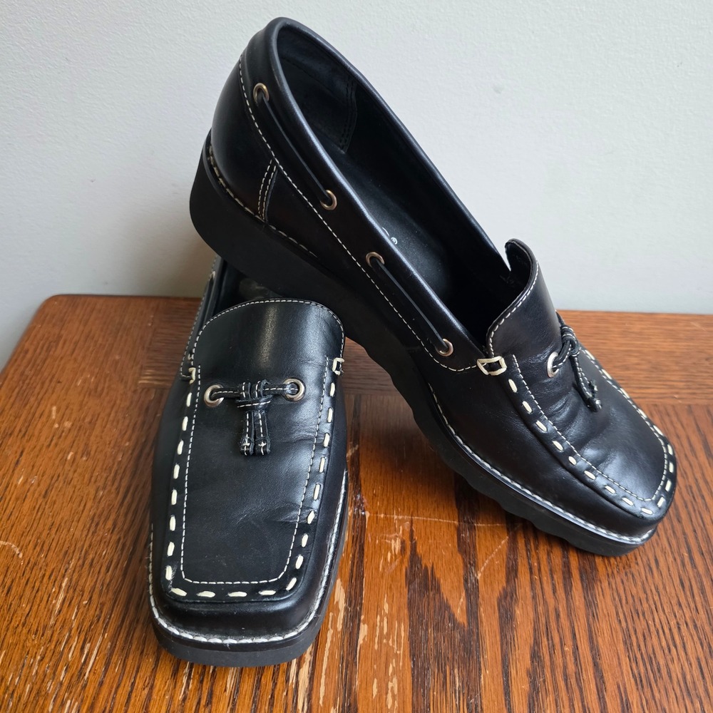 Franco Sarto Black Leather Platform Loafers Square Toe Vintage Y2K Womens 6M